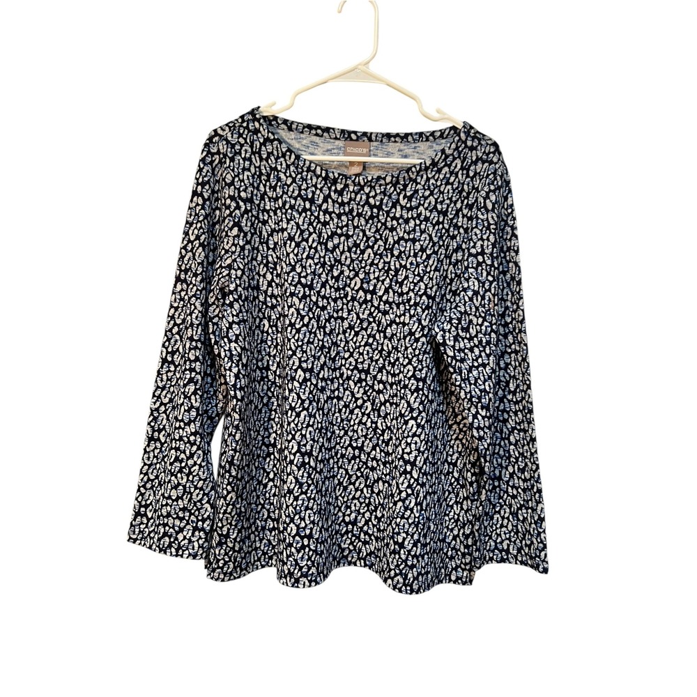 Chico's Women's Size 2 (Large /12) Long Sleeve Top Blue Jacquard Animal Print